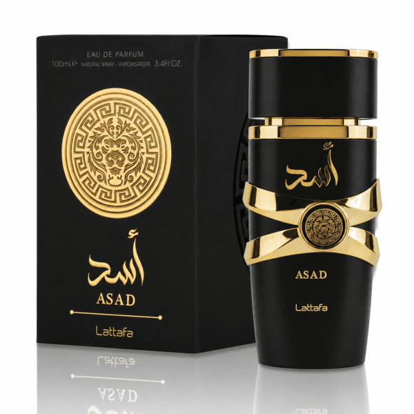 Asad EDP 100ml de Lattafa frasco negro con su caja