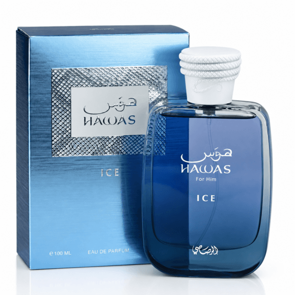 Hawas Ice EDP 100ml Rasasi frasco azul con su caja