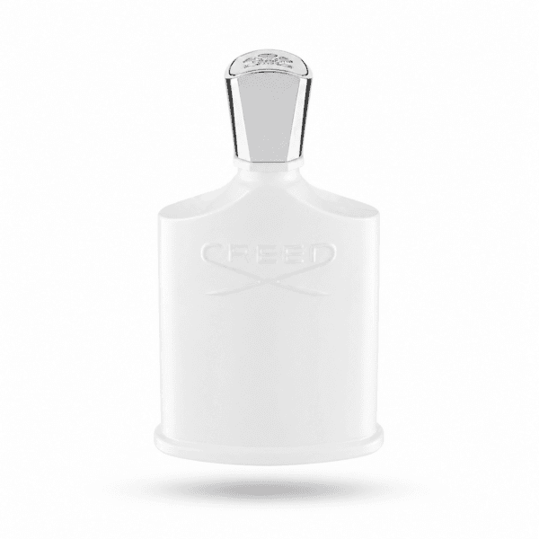 Frasco de Creed Silver Mountain Water EDP flotando sobre fondo degradado