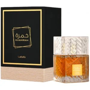 Khamrah EDP 100ml de Lattafa frasco ámbar con su caja