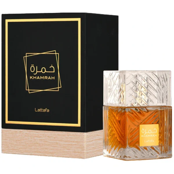 Khamrah EDP 100ml de Lattafa frasco ámbar con su caja