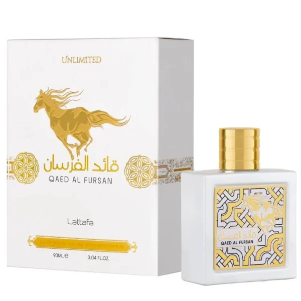 Qaed Al Fursan Unlimited EDP 90ml de Lattafa frasco blanco con su caja