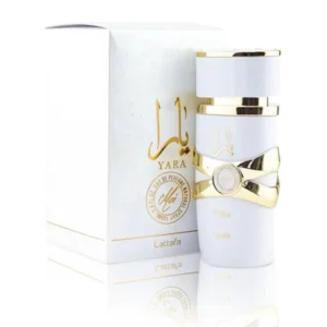 Yara Moi EDP 100ml Lattafa frasco blanco y dorado con su caja