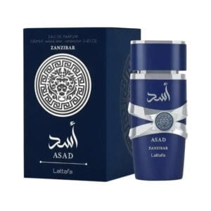 Asad Zanzibar EDP 100ml de Lattafa frasco azul con su caja