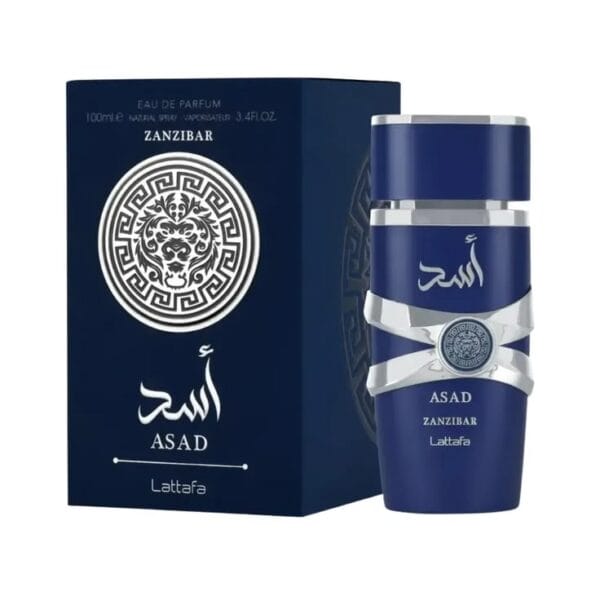 Asad Zanzibar EDP 100ml de Lattafa frasco azul con su caja