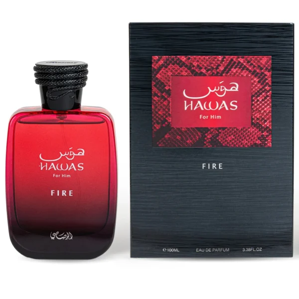 Hawas Fire EDP 100ml Rasasi frasco rojo con su caja