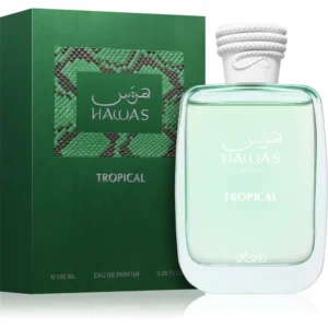 Hawas Tropical EDP 100ml Rasasi frasco verde con su caja
