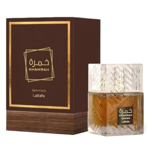 Khamrah Qahwa EDP 100ml de Lattafa frasco ámbar con su caja