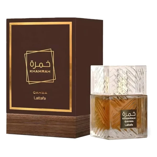 Khamrah Qahwa EDP 100ml de Lattafa frasco ámbar con su caja