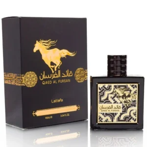 Qaed Al Fursan EDP 90ml de Lattafa frasco negro con su caja