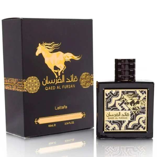 Qaed Al Fursan EDP 90ml de Lattafa frasco negro con su caja